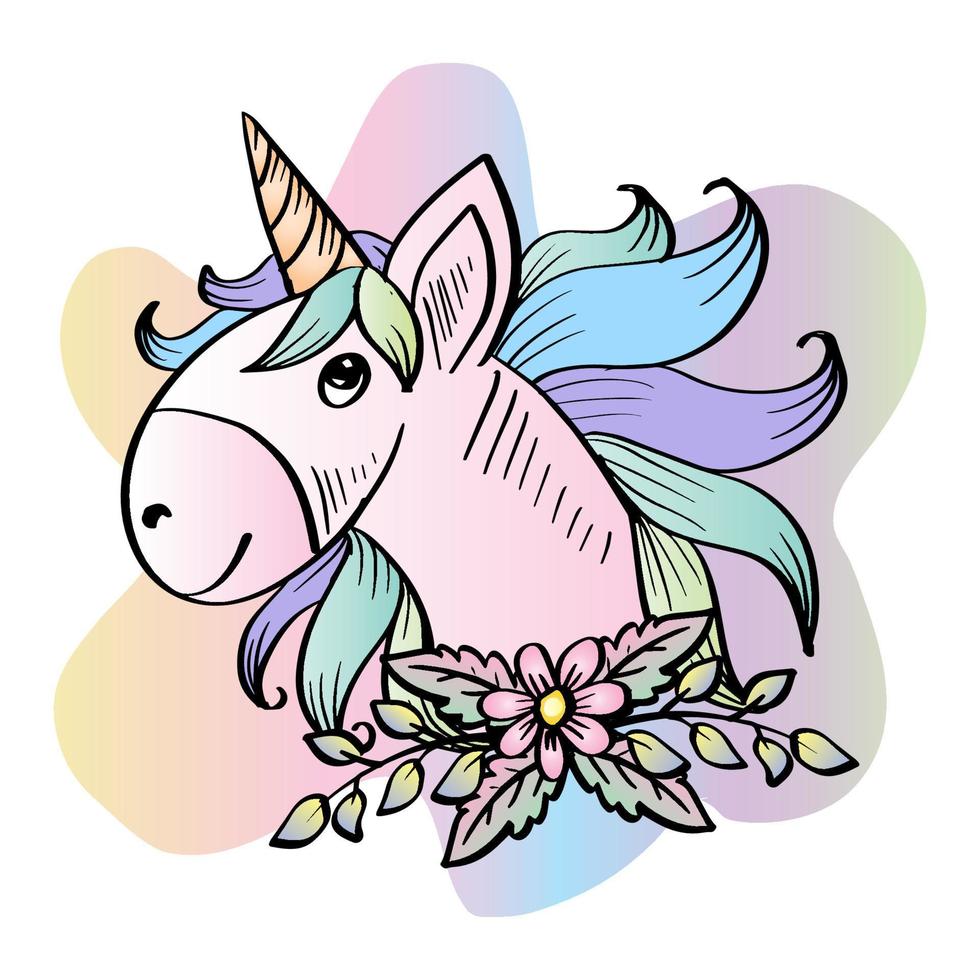 tête de licorne de dessin animé avec des fleurs. vecteur