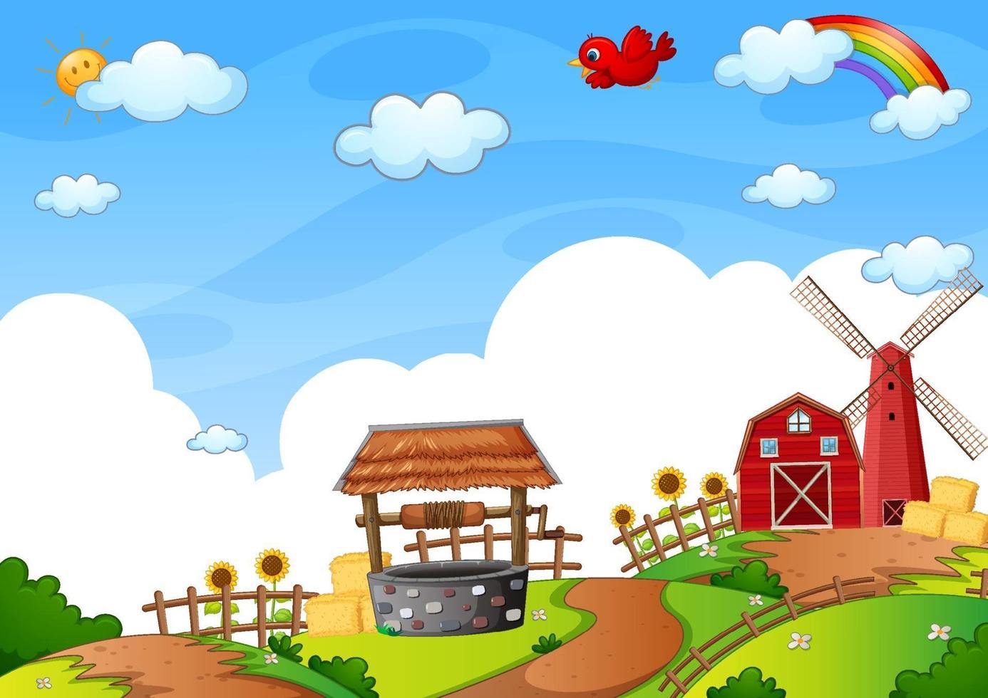 grange rouge et moulin à vent dans la scène de la nature vecteur
