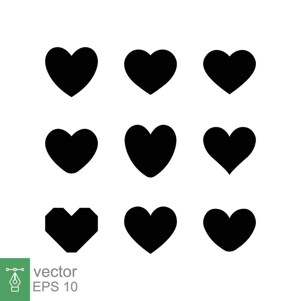 jeu d'icônes de coeur. style plat simple. logo d'amour, sentiment, romance, concept d'émotion de décoration de désherbage. silhouette noire, symbole glyphe. conception d'illustration vectorielle isolée sur fond blanc. ep 10. vecteur