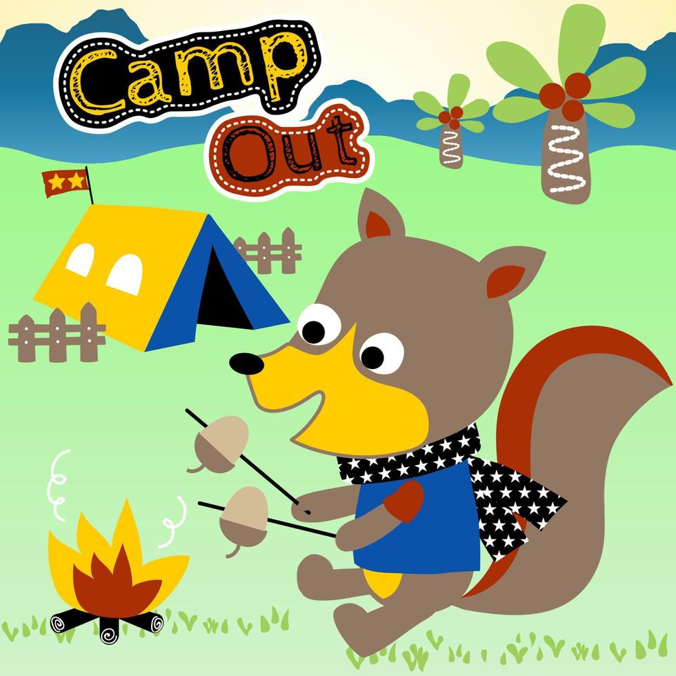 noisette de torréfaction de renard drôle dans le terrain de camping, illustration de dessin animé de vecteur