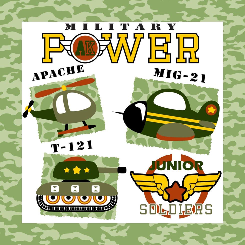 ensemble de véhicule blindé avec élément militaire sur la bordure du cadre de camouflage, illustration de dessin animé vectoriel