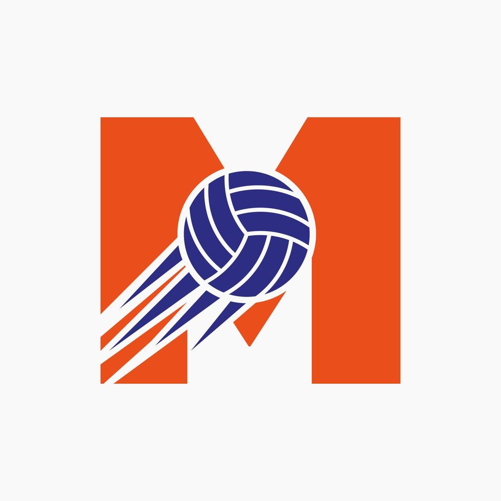 concept de logo de volley-ball lettre initiale m avec icône de volley-ball en mouvement. modèle de vecteur de symbole de logo de sport de volley-ball