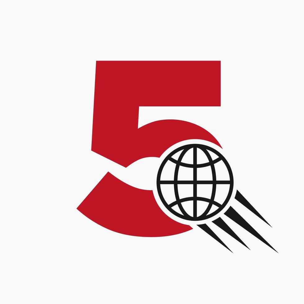concept de logo global lettre 5 avec icône du monde en mouvement. modèle de vecteur de symbole de logo mondial