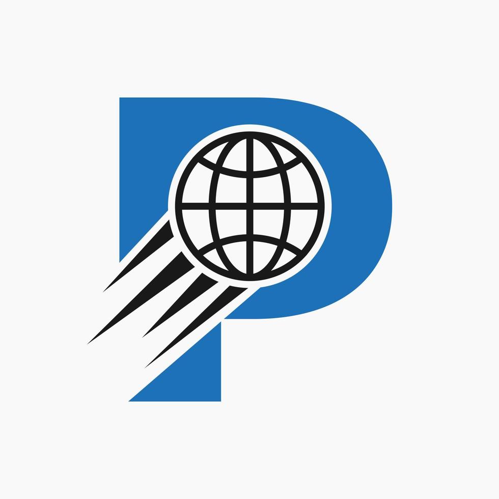 concept de logo global lettre p avec l'icône du monde en mouvement. modèle de vecteur de symbole de logo mondial