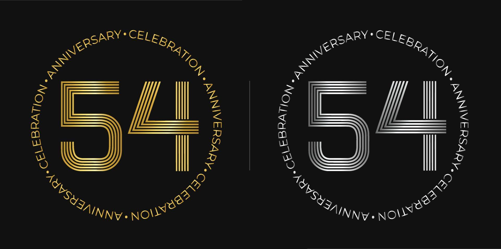 54e anniversaire. bannière de célébration d'anniversaire de cinquante-quatre ans aux couleurs dorées et argentées. logo circulaire avec un design original de chiffres aux lignes élégantes. vecteur