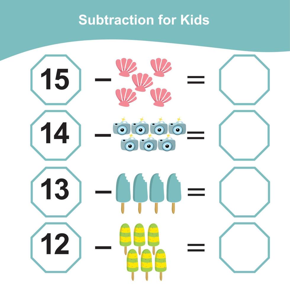 compter les articles d'été pour le préscolaire. feuille de calcul mathématique imprimable. jeu de mathématiques pour le préscolaire. fichier vectoriel. vecteur