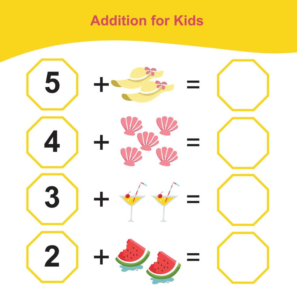 compter les articles d'été pour le préscolaire. feuille de calcul mathématique imprimable. jeu de mathématiques pour le préscolaire. fichier vectoriel. vecteur