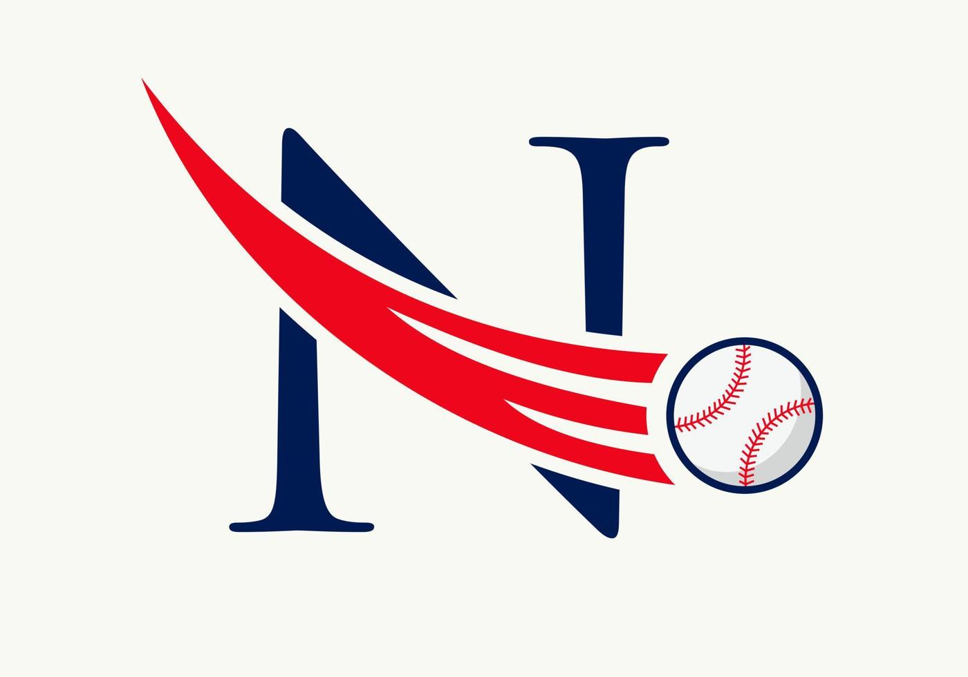 concept de logo de baseball lettre n avec modèle vectoriel d'icône de baseball en mouvement