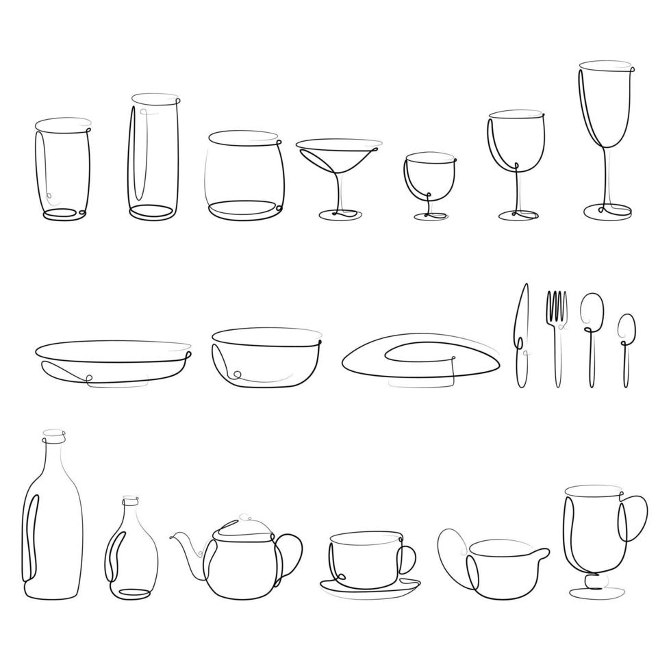 ensemble de vaisselle sur une ligne, assiettes, ensemble de verres sur une ligne, verre de champagne sur une ligne, verre pour martini, vin sur une ligne, ensemble de boissons dessinées à la main vecteur