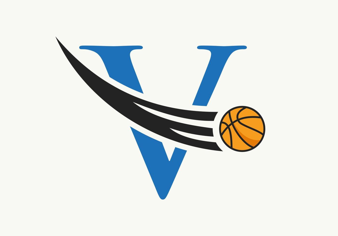 lettre initiale v concept de logo de basket-ball avec icône de basket-ball en mouvement. modèle vectoriel de symbole de logotype de ballon de basket