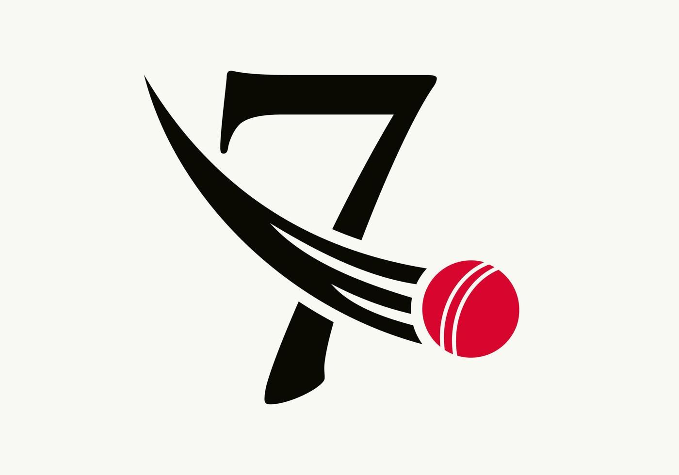 concept de logo de cricket lettre 7 avec icône de balle de cricket en mouvement. modèle vectoriel de symbole de logo de sport de cricket