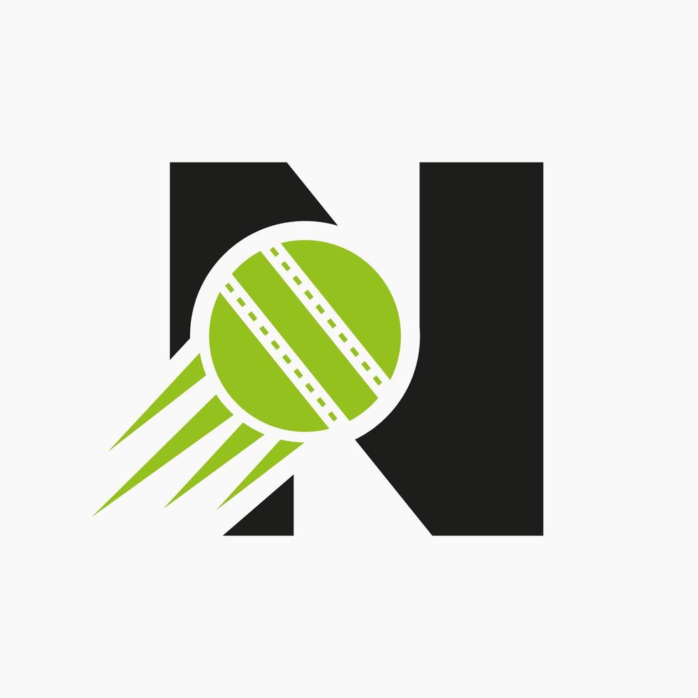 concept de logo de cricket lettre n avec icône de balle de cricket en mouvement. modèle vectoriel de symbole de logo de sport de cricket