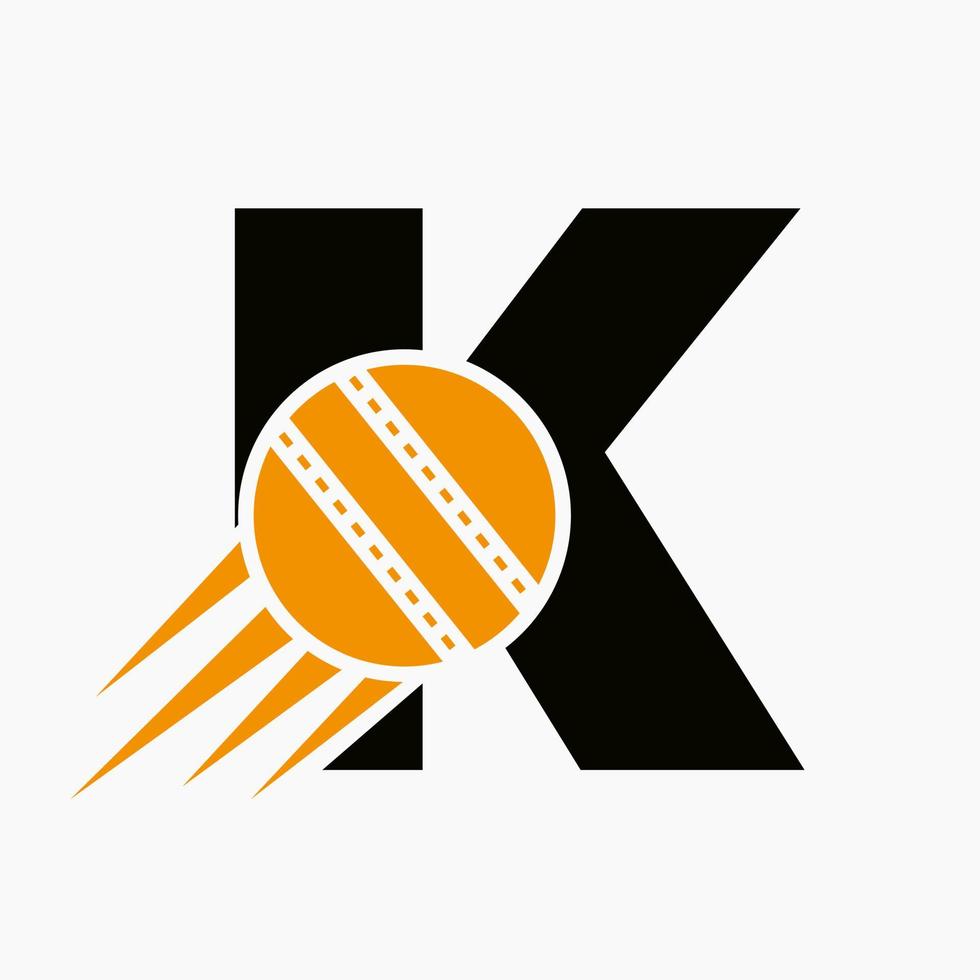 concept de logo de cricket lettre k avec icône de balle de cricket en mouvement. modèle vectoriel de symbole de logo de sport de cricket