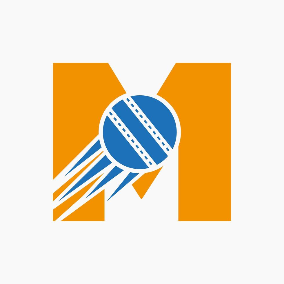 concept de logo de cricket lettre m avec icône de balle de cricket en mouvement. modèle vectoriel de symbole de logo de sport de cricket