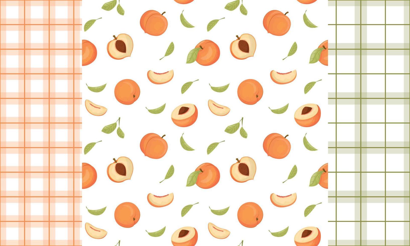 modèle sans couture avec pêches, ensemble de pêches vectorielles. récolte de fruits d'été. doodle de fruits frais du jardin, produits végétaliens biologiques biologiques vecteur