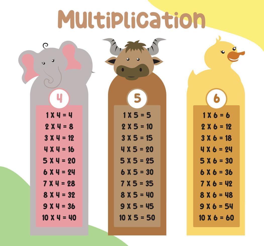 tableaux de table de multiplication avec un design d'animaux mignons pour les enfants. illustration de l'horaire des mathématiques pour les enfants. fichier d'illustration vectorielle. vecteur