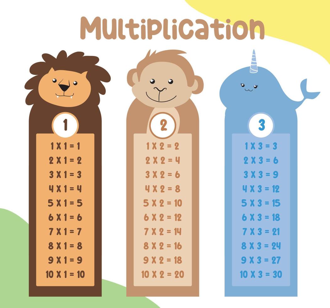 tableaux de table de multiplication avec un design d'animaux mignons pour les enfants. illustration de l'horaire des mathématiques pour les enfants. fichier d'illustration vectorielle. vecteur