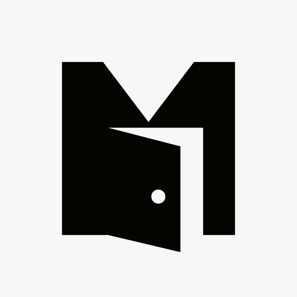 création de logo de porte lettre m combinée à un modèle vectoriel d'icône de porte ouverte minimale