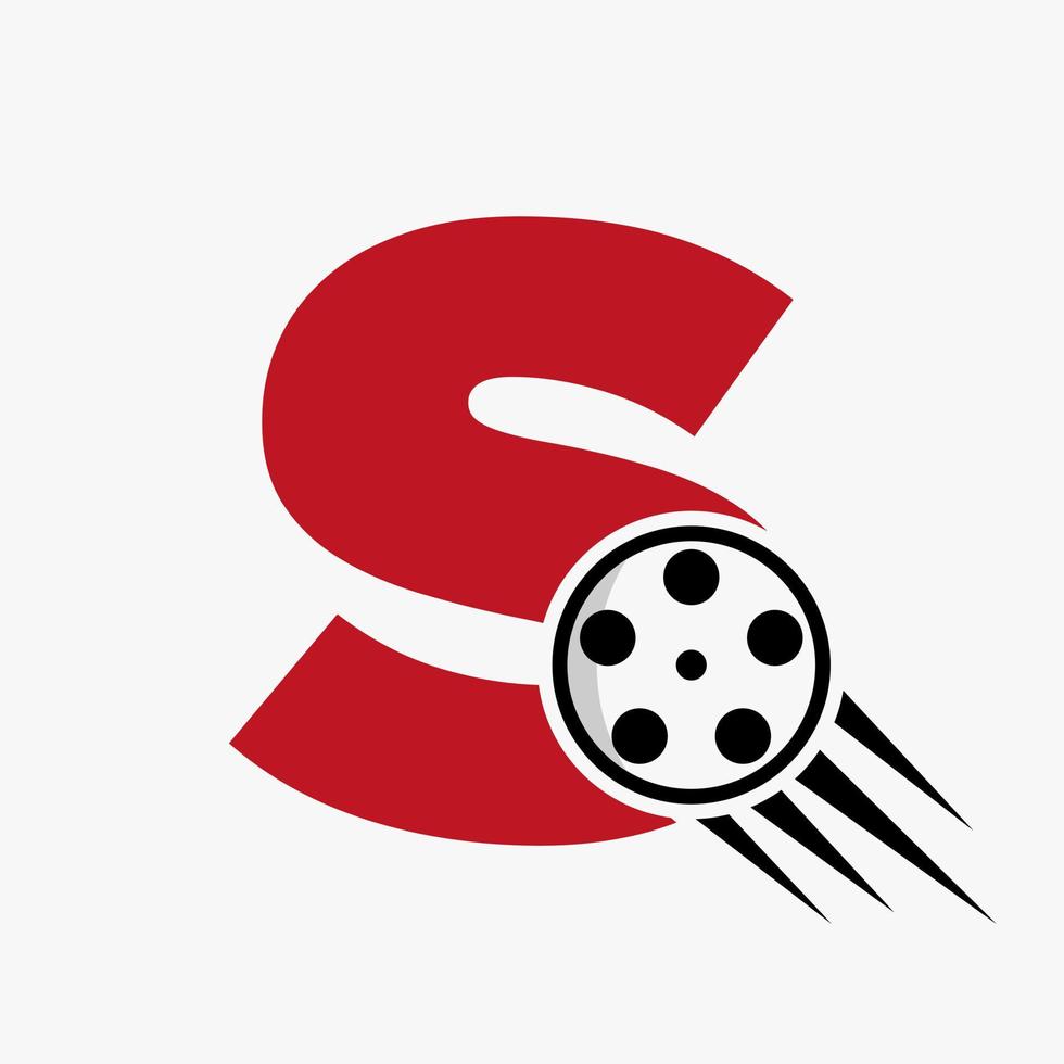 concept de logo de film de lettre s avec bobine de film pour le signe des médias, modèle de vecteur de symbole de réalisateur de film