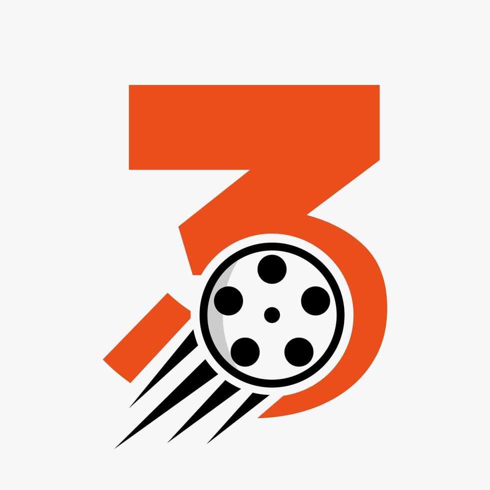 concept de logo de film lettre 3 avec bobine de film pour signe média, modèle vectoriel de symbole de réalisateur de film