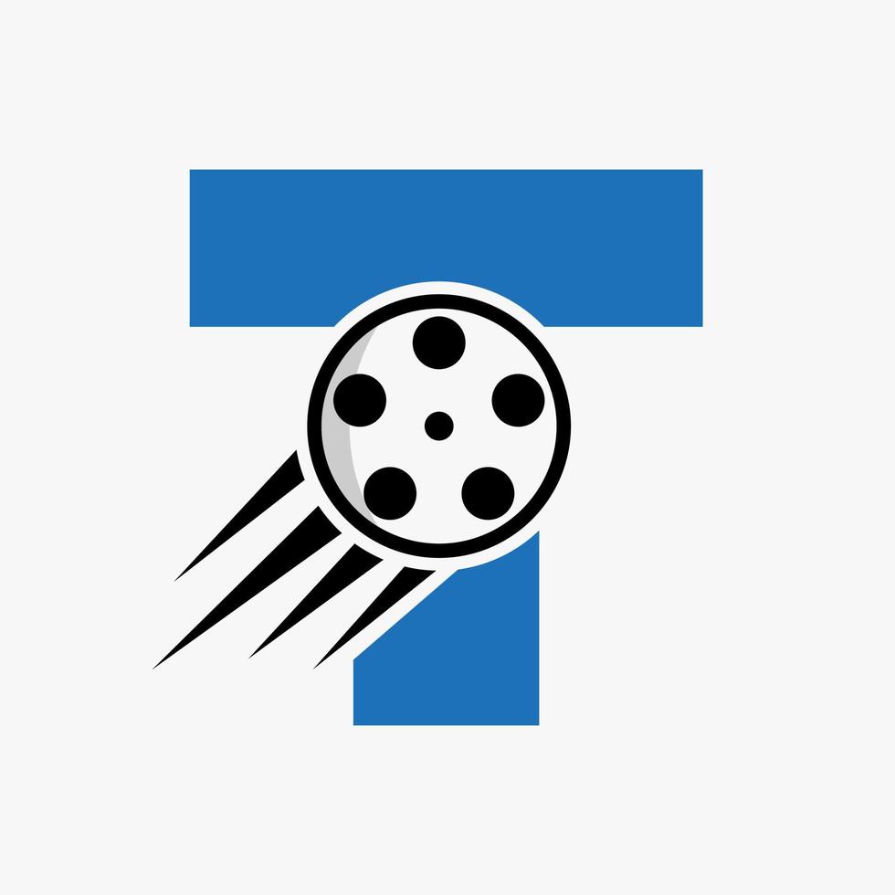 concept de logo de film lettre t avec bobine de film pour signe média, modèle vectoriel de symbole de réalisateur de film