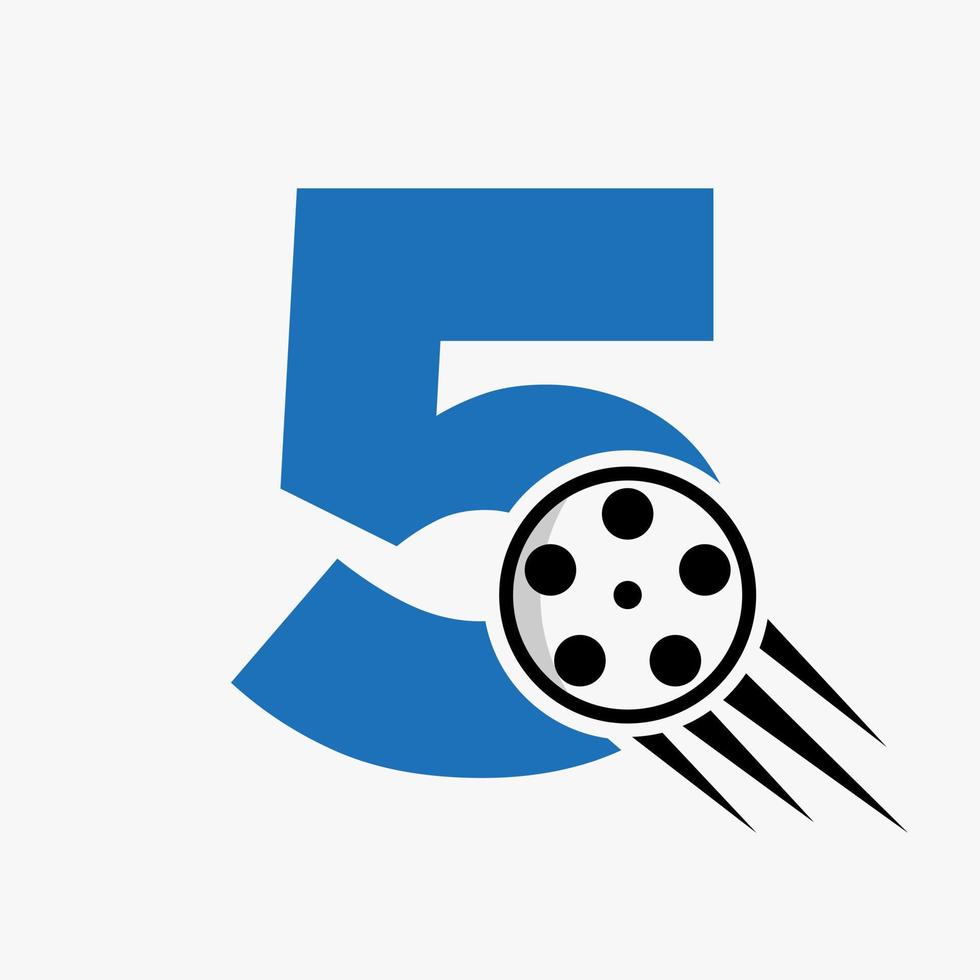concept de logo de film lettre 5 avec bobine de film pour signe média, modèle vectoriel de symbole de réalisateur de film