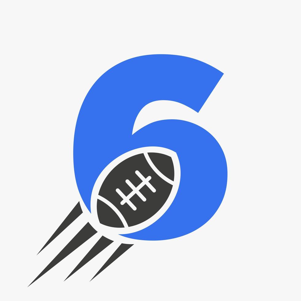 concept de logo de rugby lettre 6 avec icône de ballon de rugby en mouvement. modèle vectoriel de symbole de logo de sport de rugby