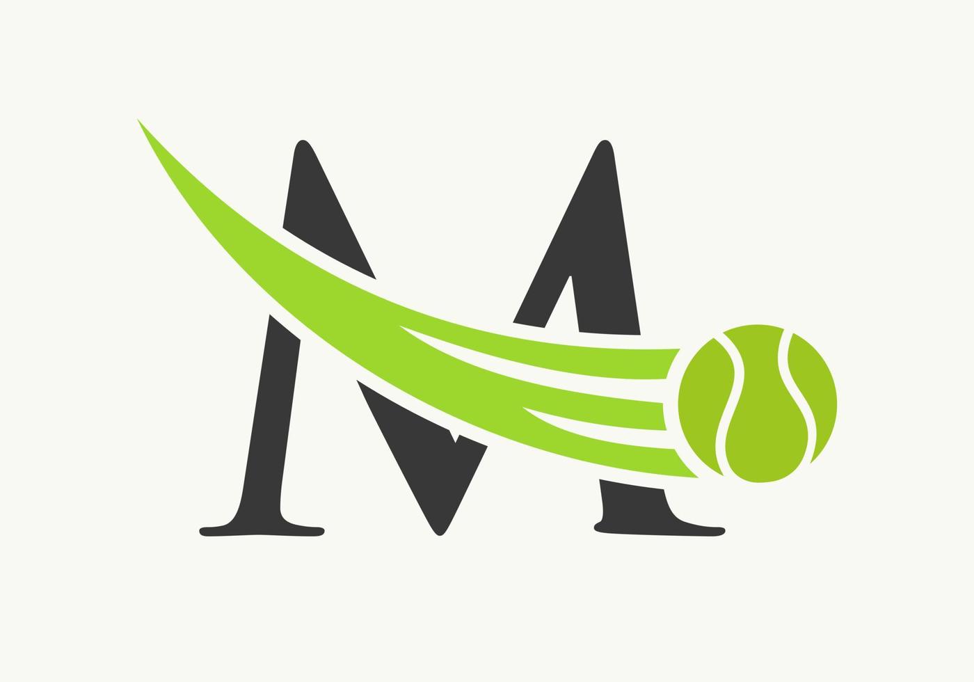 concept de logo de tennis lettre m avec icône de balle de tennis en mouvement. modèle vectoriel de symbole de logo de sport de tennis