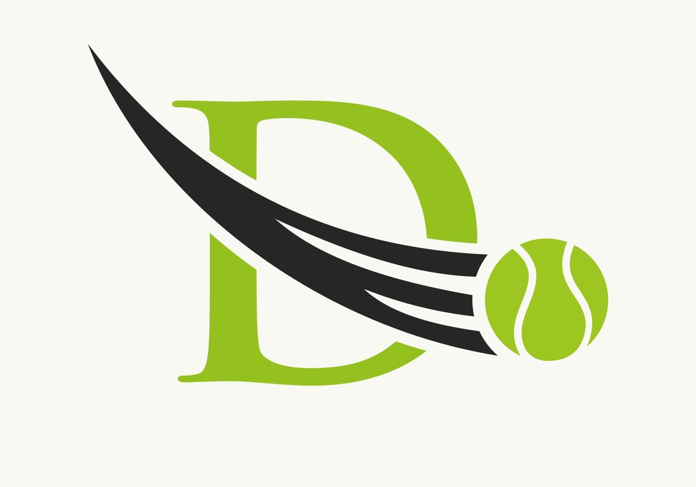 concept de logo lettre d tennis avec icône de balle de tennis en mouvement. modèle vectoriel de symbole de logo de sport de tennis