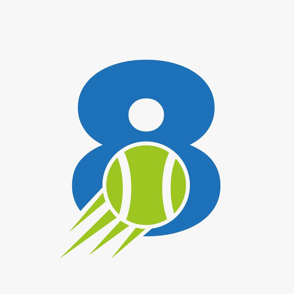 concept de logo de tennis lettre 8 avec icône de balle de tennis en mouvement. modèle vectoriel de symbole de logo de sport de tennis