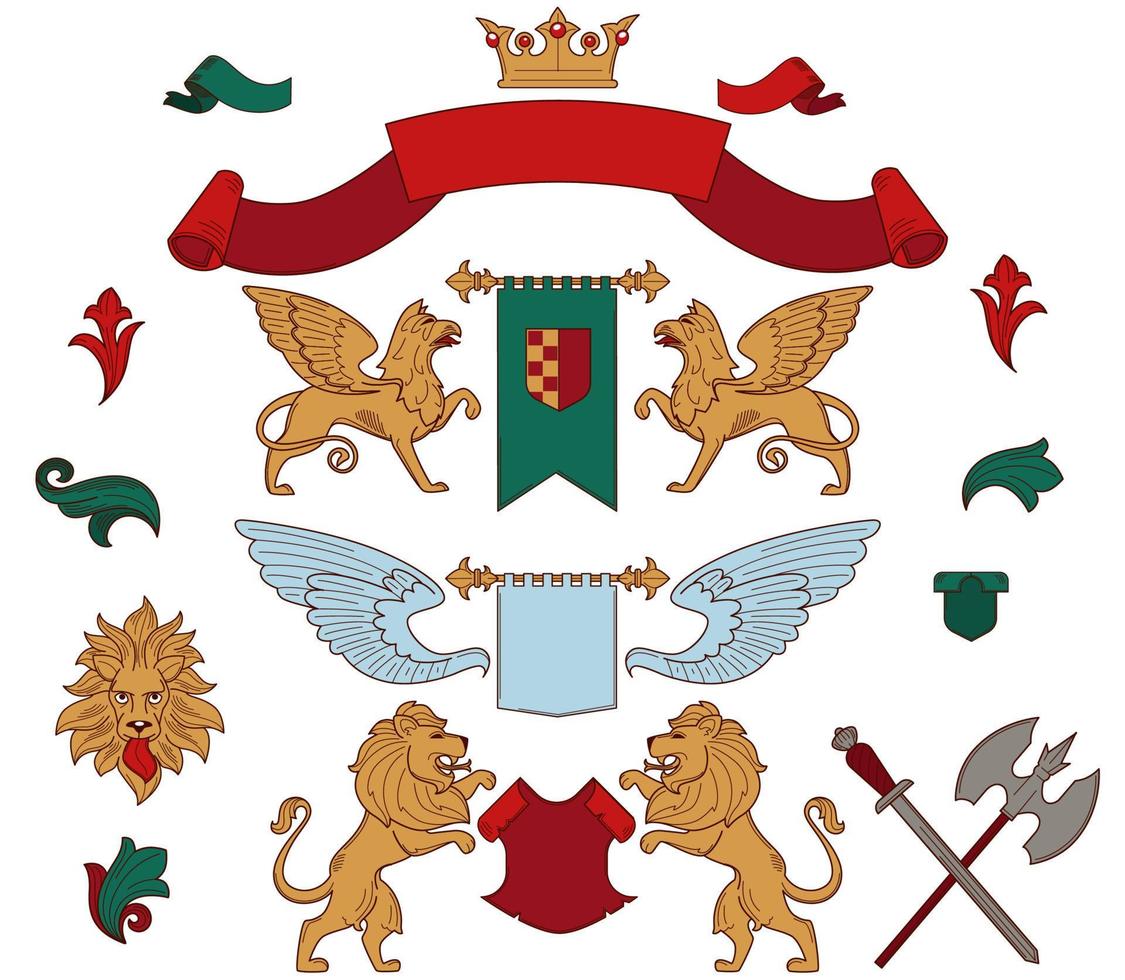 symboles héraldiques et mascottes royales icônes vectorielles isolées rubans de soie et drapeau de la couronne d'or avec bouclier griphone et lion aile angélique épée et hache chevalier arme animaux symboliques vecteur