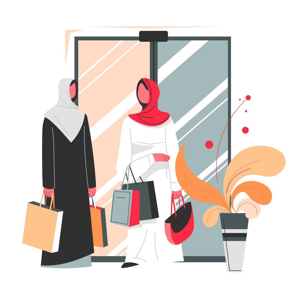 femmes musulmanes avec des sacs shopping dans le vecteur du centre commercial