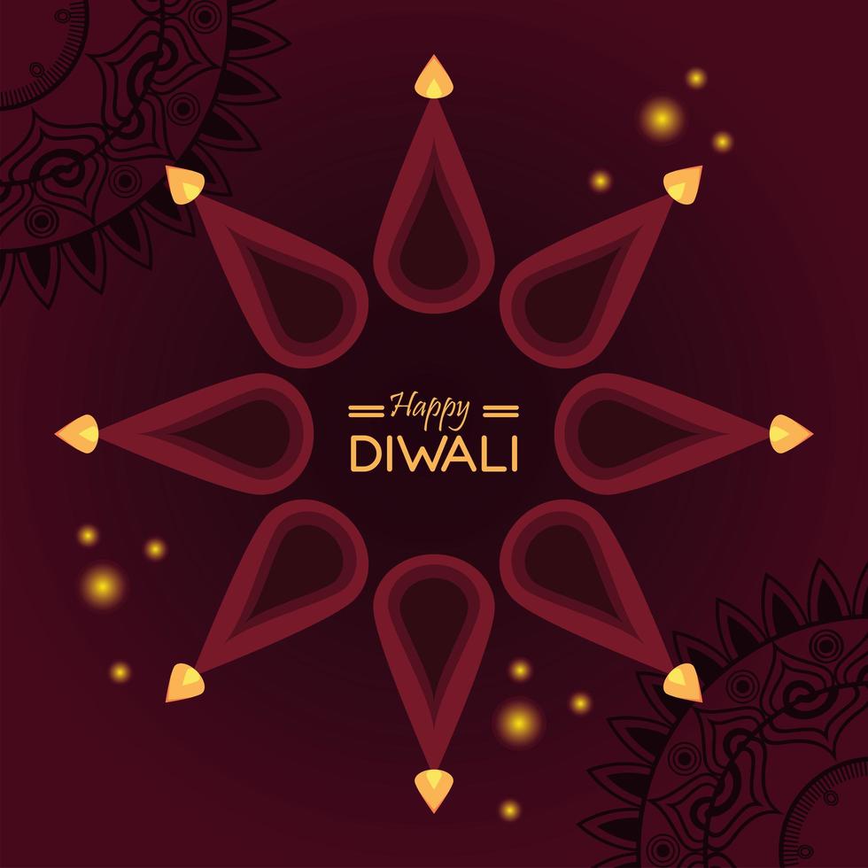 joyeuse fête de diwali avec des bougies autour du lettrage vecteur