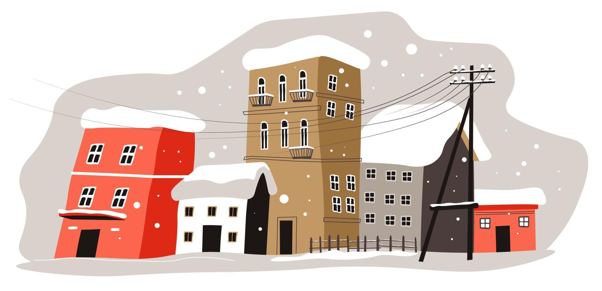 paysage urbain d'hiver de la ville avec des bâtiments couverts de neige vecteur