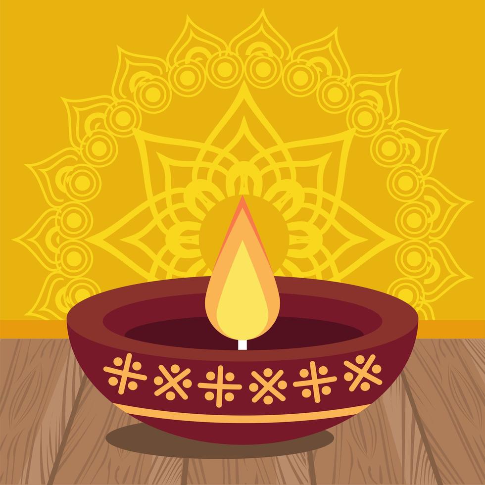 joyeuse fête de diwali avec bougie sur fond jaune vecteur