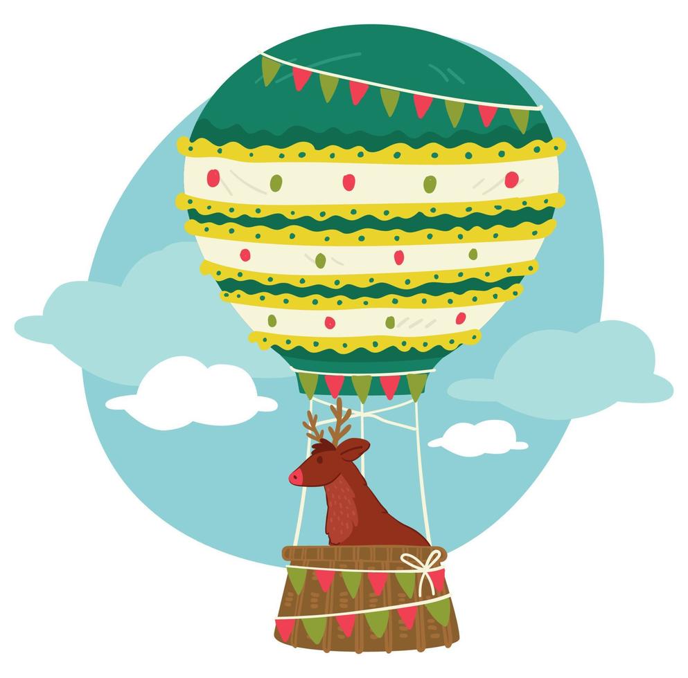 renne de noël volant dans le vecteur de montgolfière