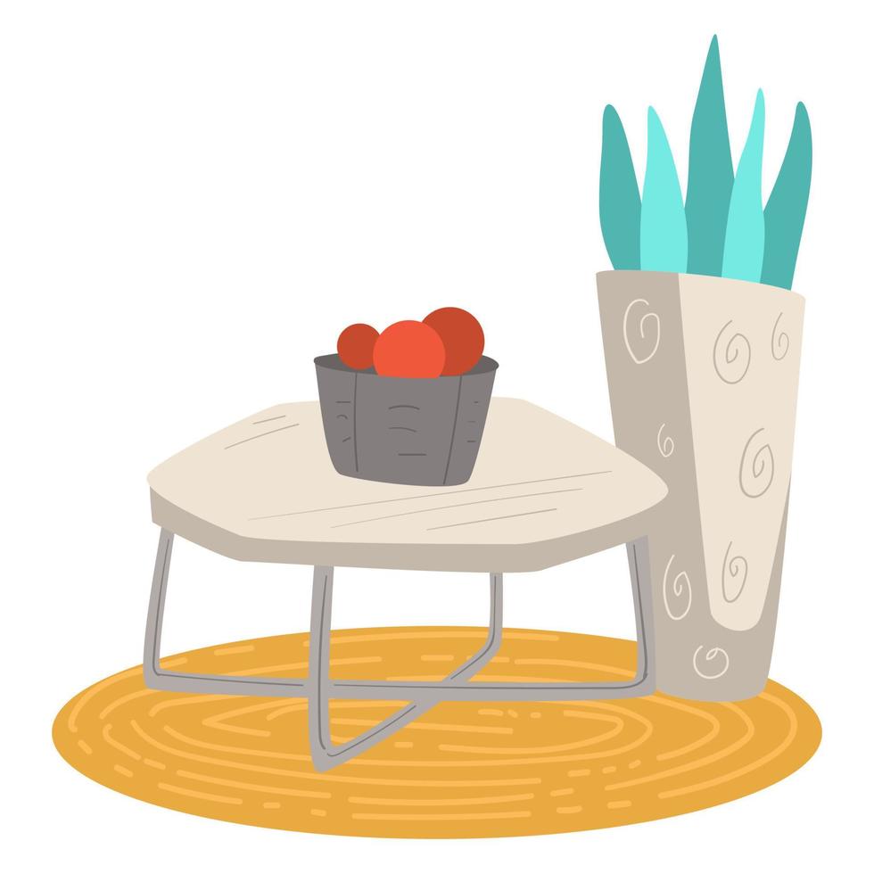 table avec bol de fruits, plante d'intérieur et tapis vecteur