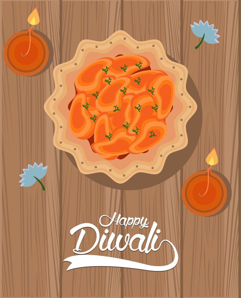 Bonne fête de diwali avec deux bougies et de la nourriture dans un fond en bois vecteur