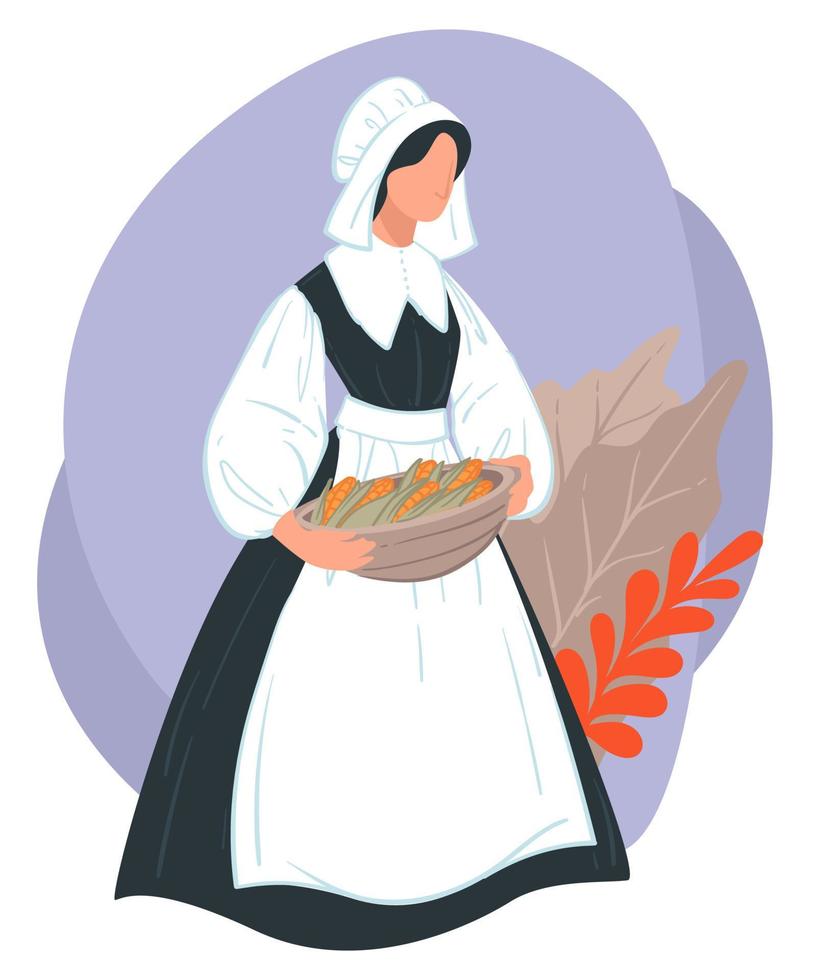vacances d'action de grâces, personnage de femme portant un panier avec du maïs vecteur
