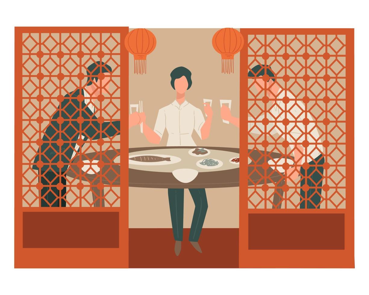 réunion de partenaires commerciaux au restaurant chinois, personnes mangeant vecteur
