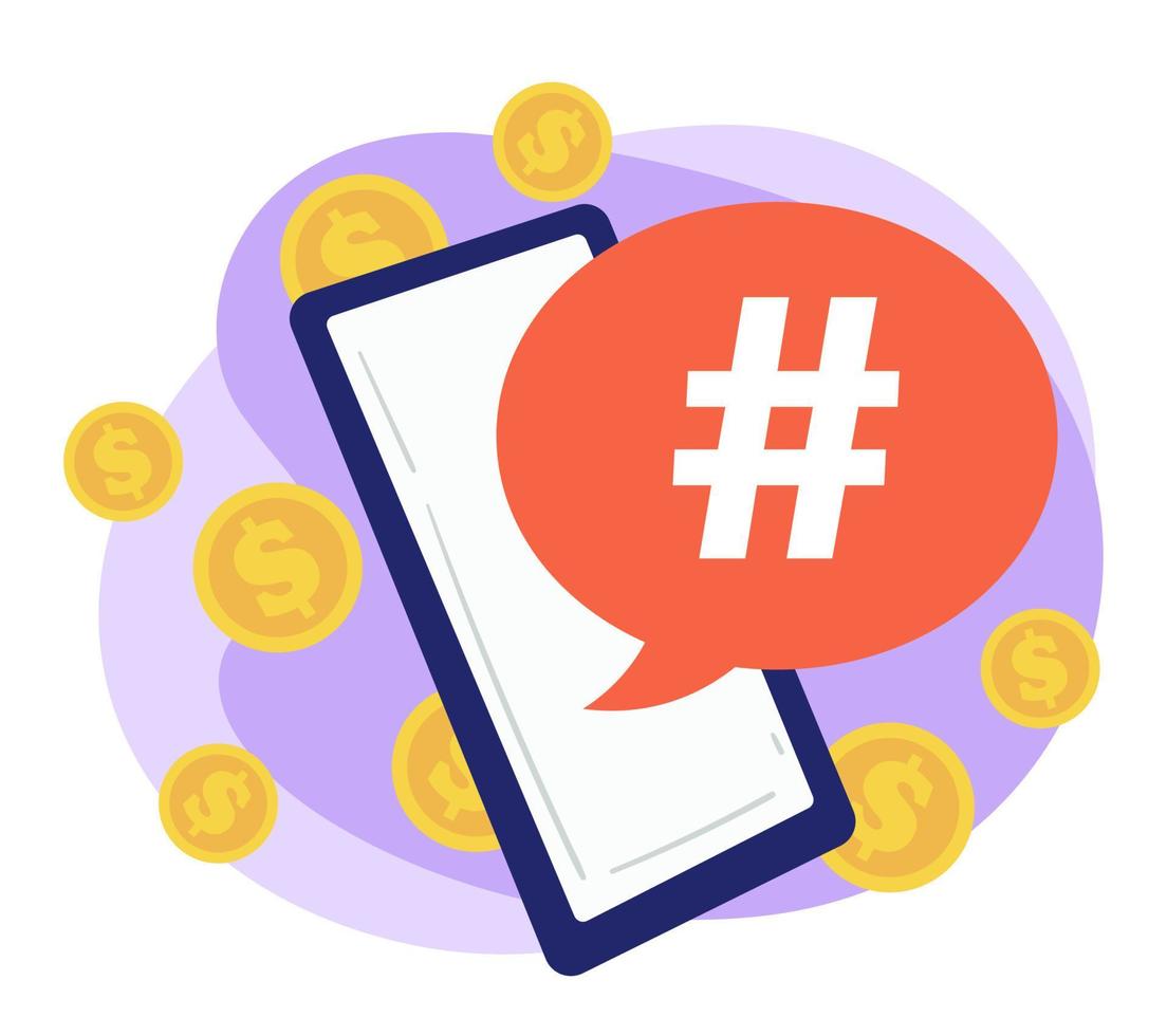 smartphone avec hashtag apportant de l'argent, publicité en ligne réussie vecteur
