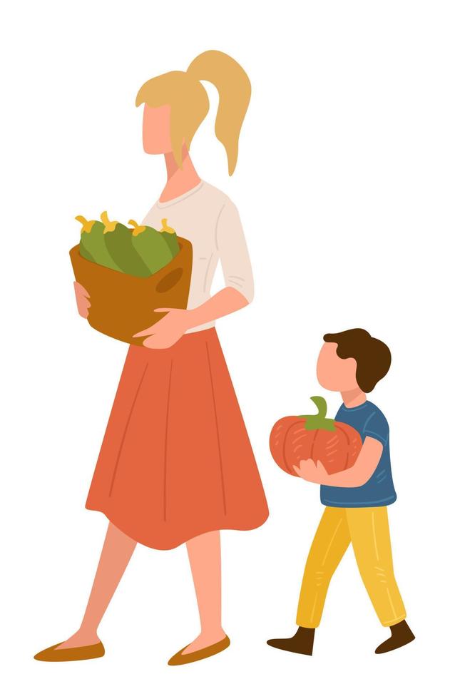 mère et fils shopping au marché transportant des légumes vecteur