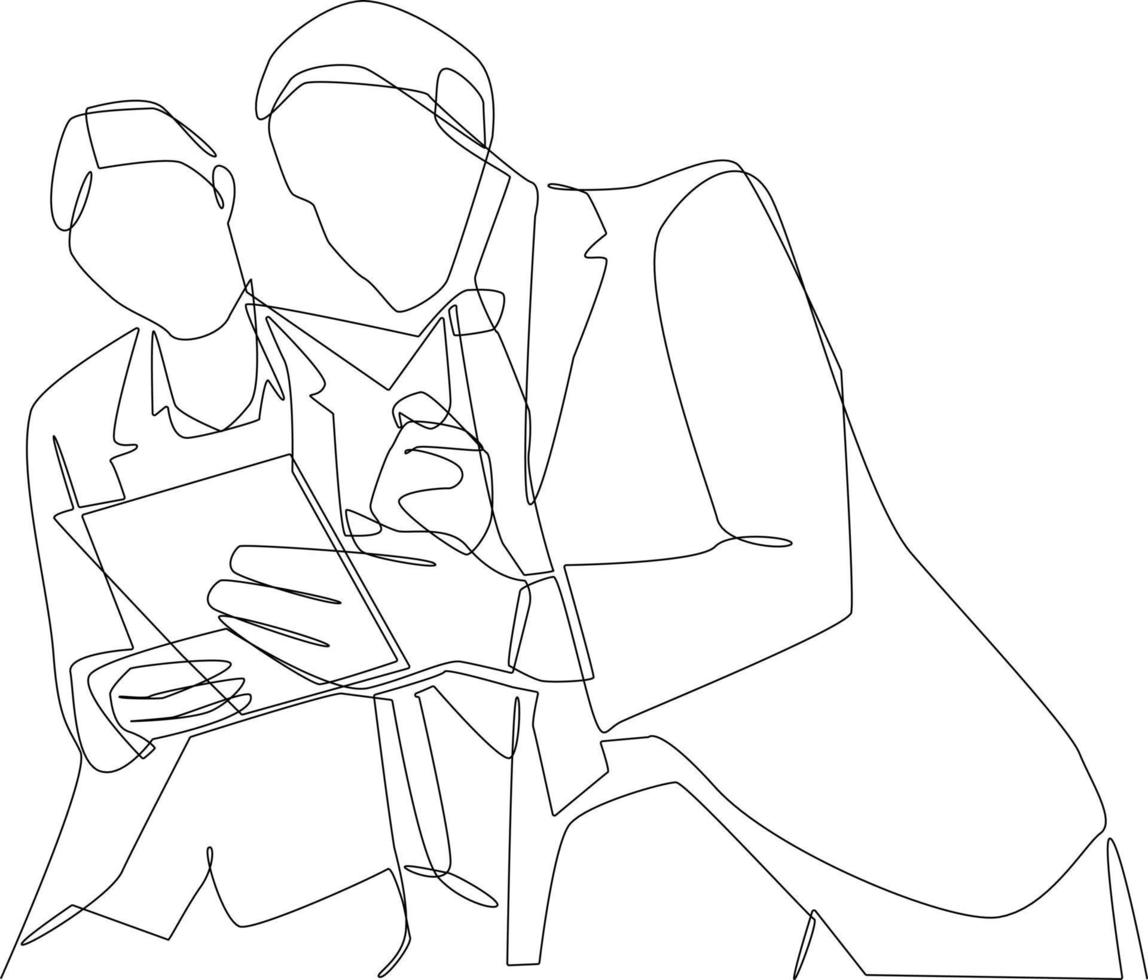 une ligne continue dessinant une femme d'affaires assise et consultant avec un jeune homme professionnel au bureau. concept de conseil aux entreprises. illustration graphique vectorielle de dessin à une seule ligne. vecteur