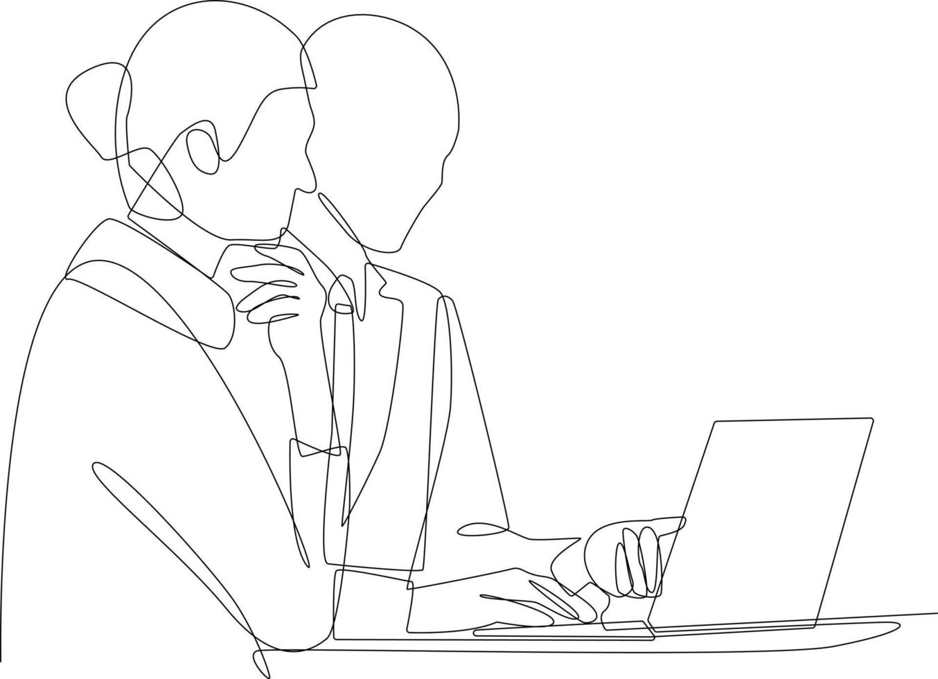 une ligne continue dessinant une femme d'affaires assise et consultant avec un jeune homme professionnel au bureau. concept de conseil aux entreprises. illustration graphique vectorielle de dessin à une seule ligne. vecteur