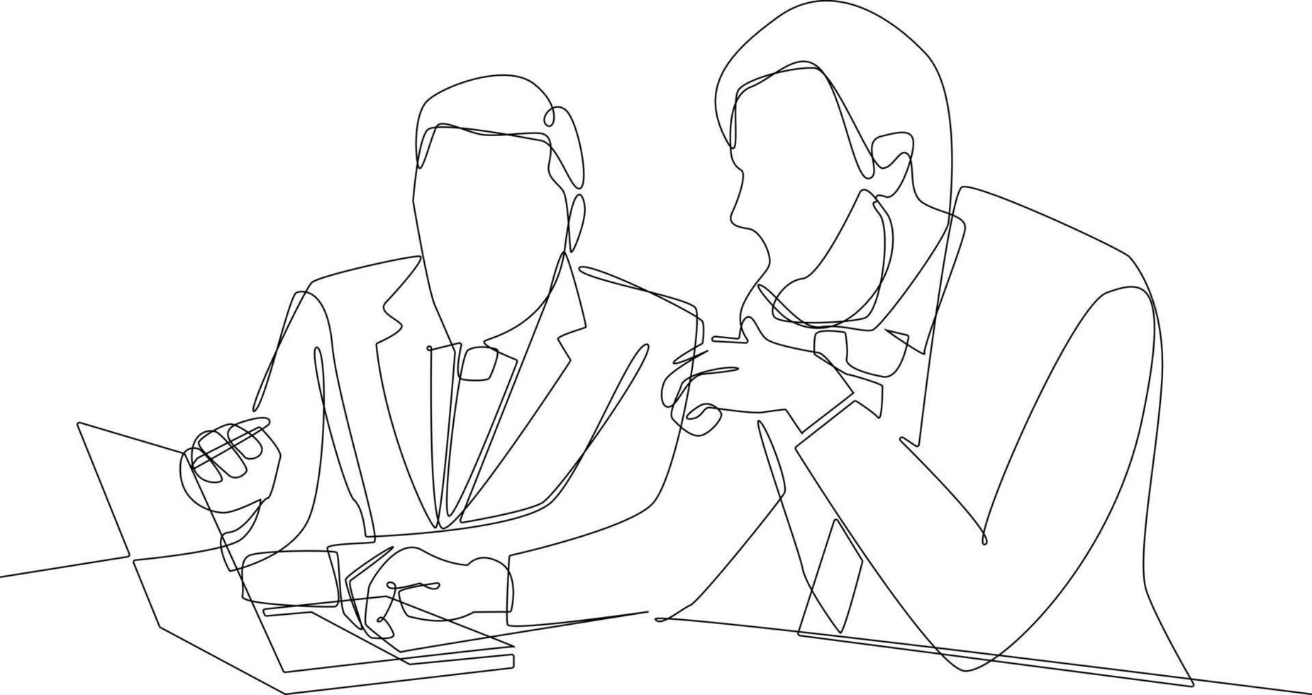 une ligne continue dessinant deux hommes d'affaires intelligents discutant d'un projet au bureau. concept de conseil aux entreprises. illustration graphique vectorielle de dessin à une seule ligne. vecteur