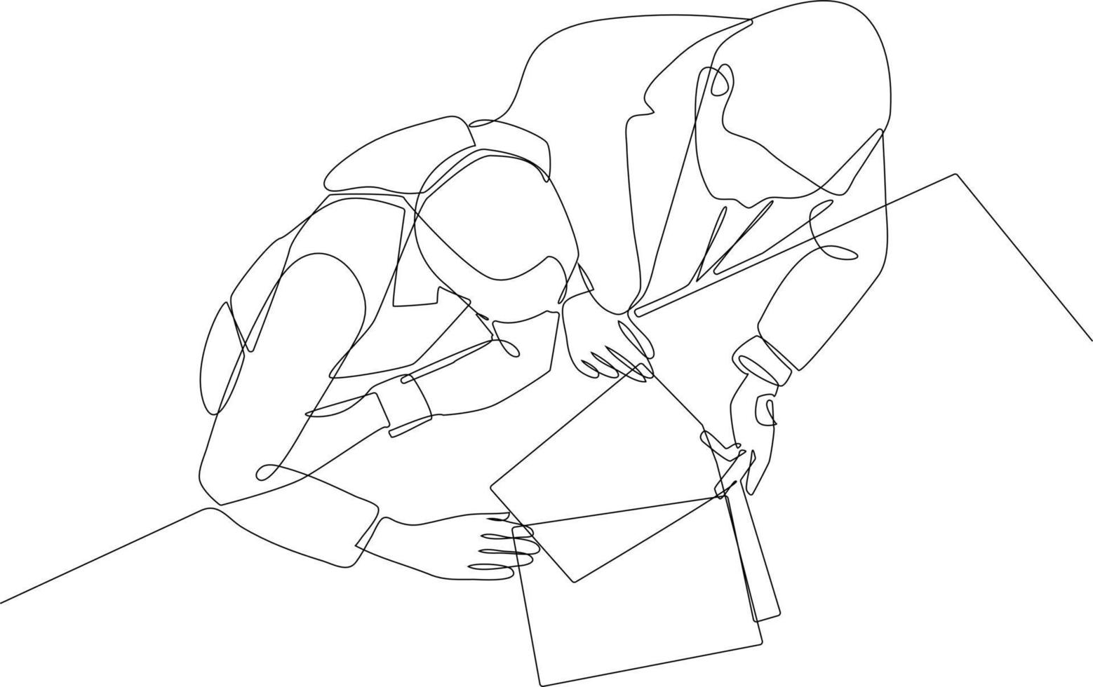 une ligne continue dessinant une femme d'affaires assise et consultant avec un jeune homme professionnel au bureau. concept de conseil aux entreprises. illustration graphique vectorielle de dessin à une seule ligne. vecteur