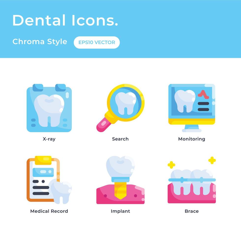 icônes de soins dentaires définies avec un style de couleur plat avec radiographie, recherche, surveillance, dossier médical, implant dentaire, orthèse dentaire vecteur