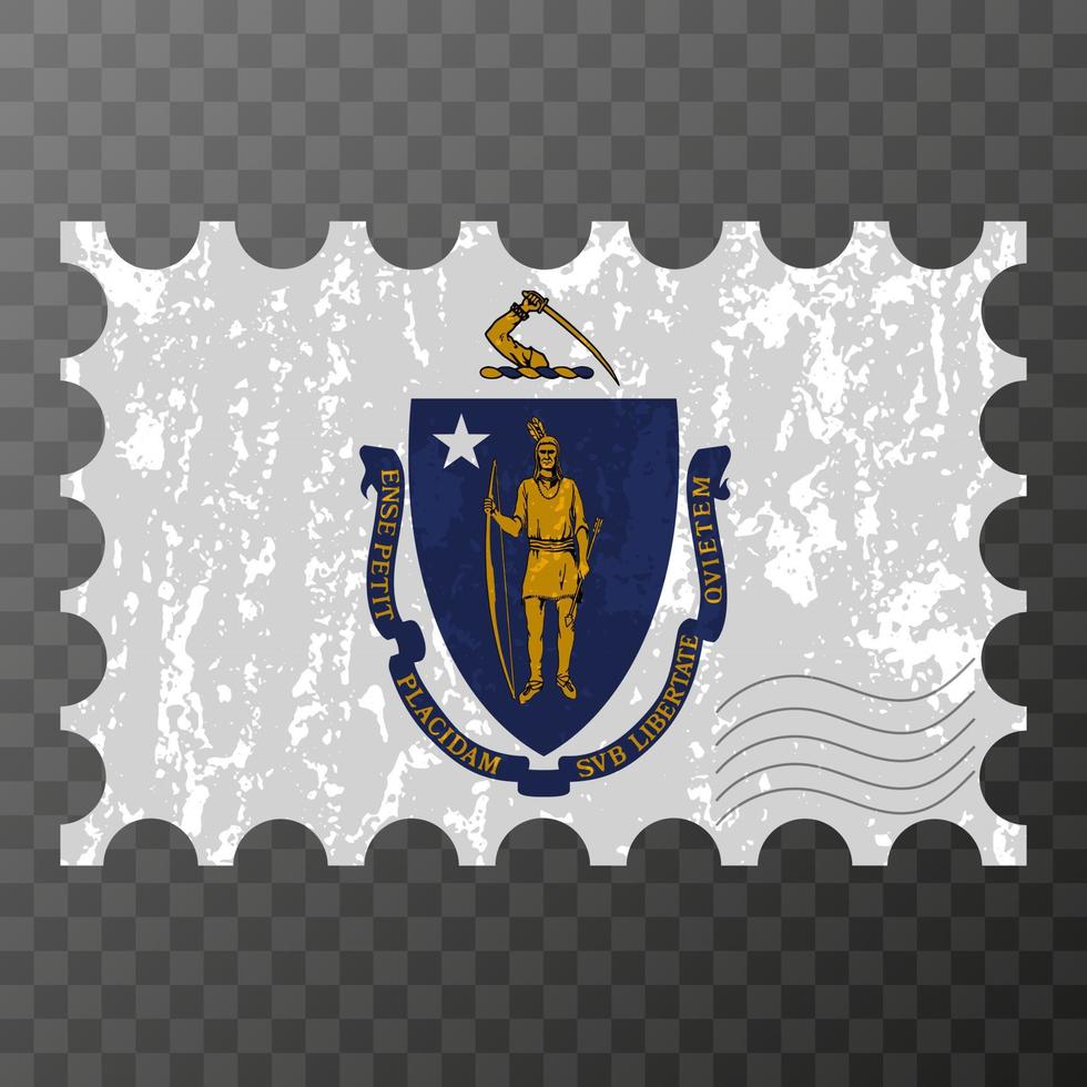 timbre-poste avec drapeau grunge de l'état du massachusetts. illustration vectorielle. vecteur