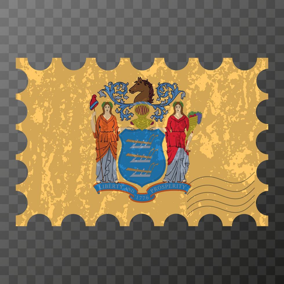 timbre-poste avec le drapeau grunge de l'état du new jersey. illustration vectorielle. vecteur