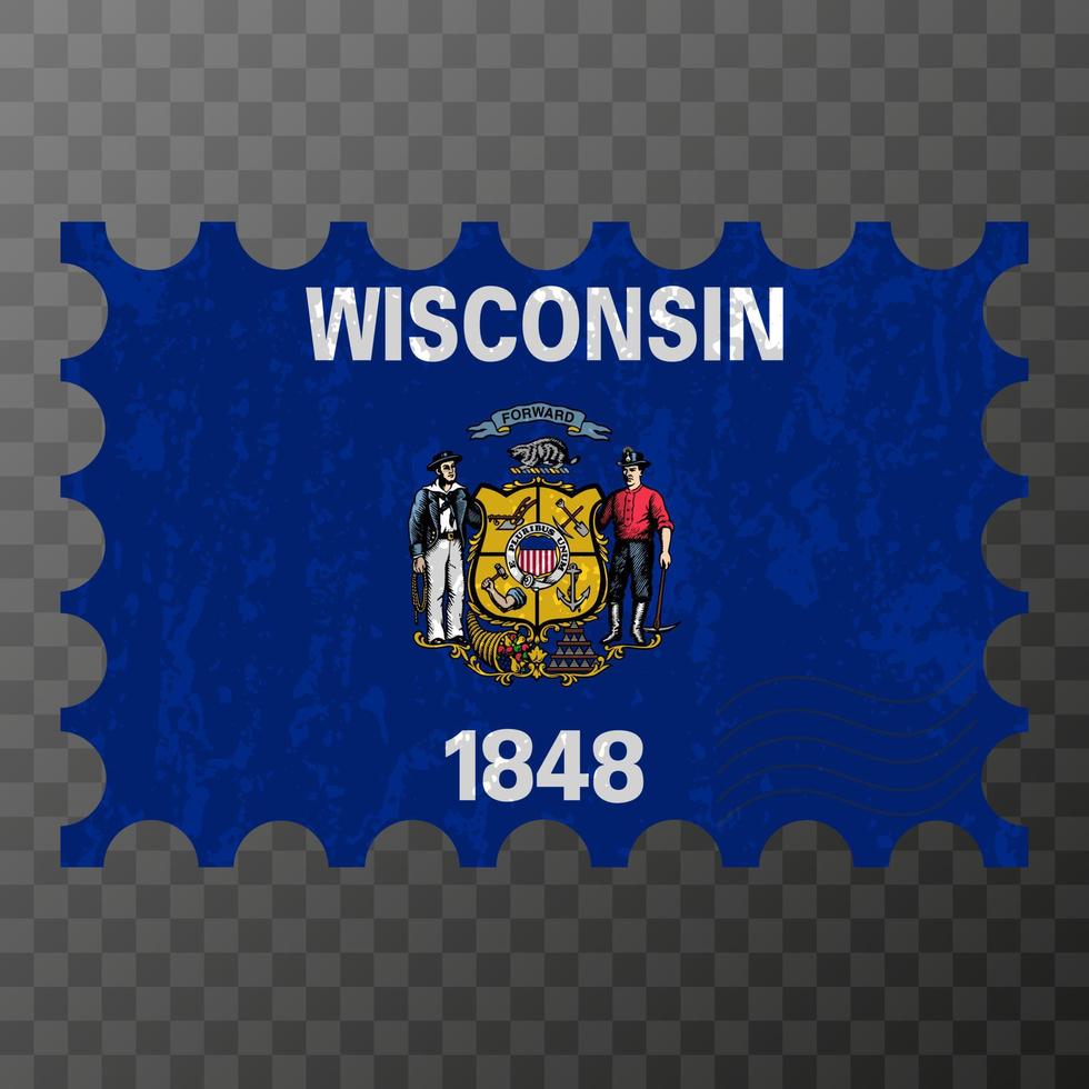 timbre-poste avec drapeau grunge de l'état du wisconsin. illustration vectorielle. vecteur